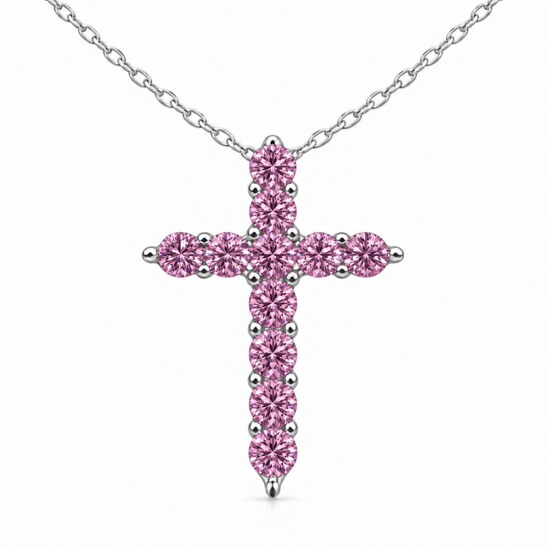 Sidabrinis kryželis su grandinėle ir rožiniais moisanitais „Gloria Pink“ - MONOREE